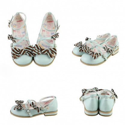Green&Brown Striped Pattern Bow at Top Crisscross Design Heart Buckles Lolita Shoes
