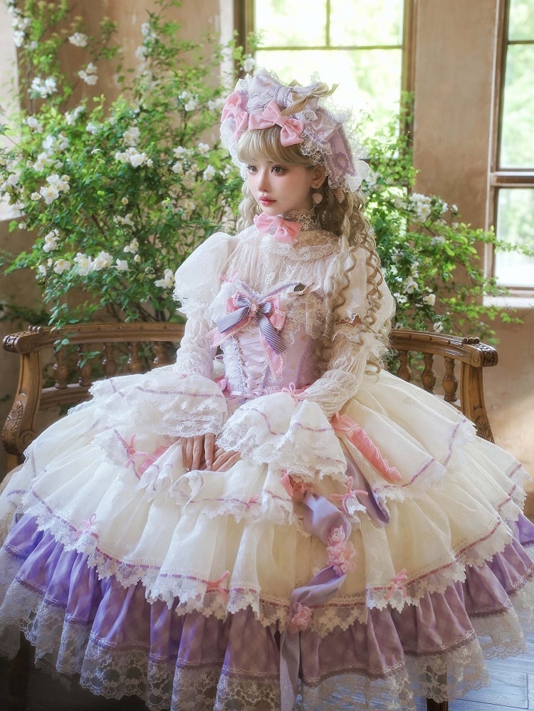 Purple and Pink Boned Corset Top + Tiered Skirt Gorgeous Hime Lolita Full Set