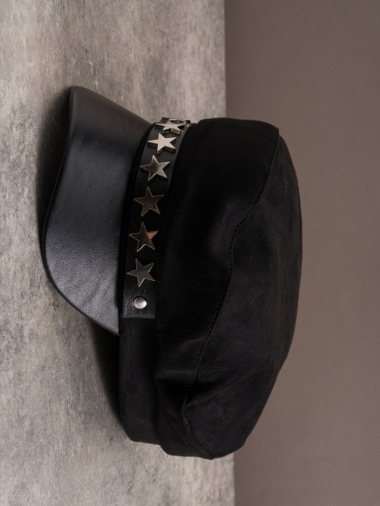 Black Gothic Star-shaped Studs Details Beret Hat