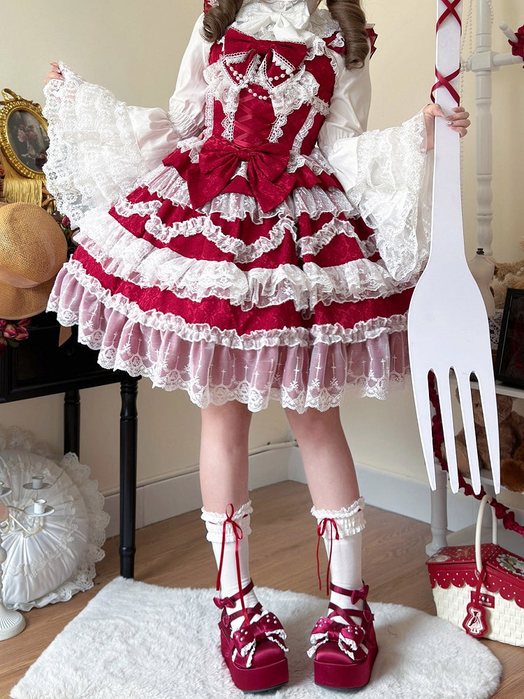 White Lace Trims Red Bows Decorated Hanayome Dress Lolita Jumper Skirt