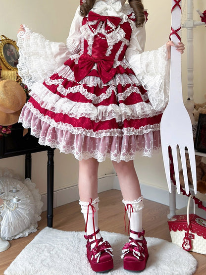 White Lace Trims Red Bows Decorated Hanayome Dress Lolita Jumper Skirt