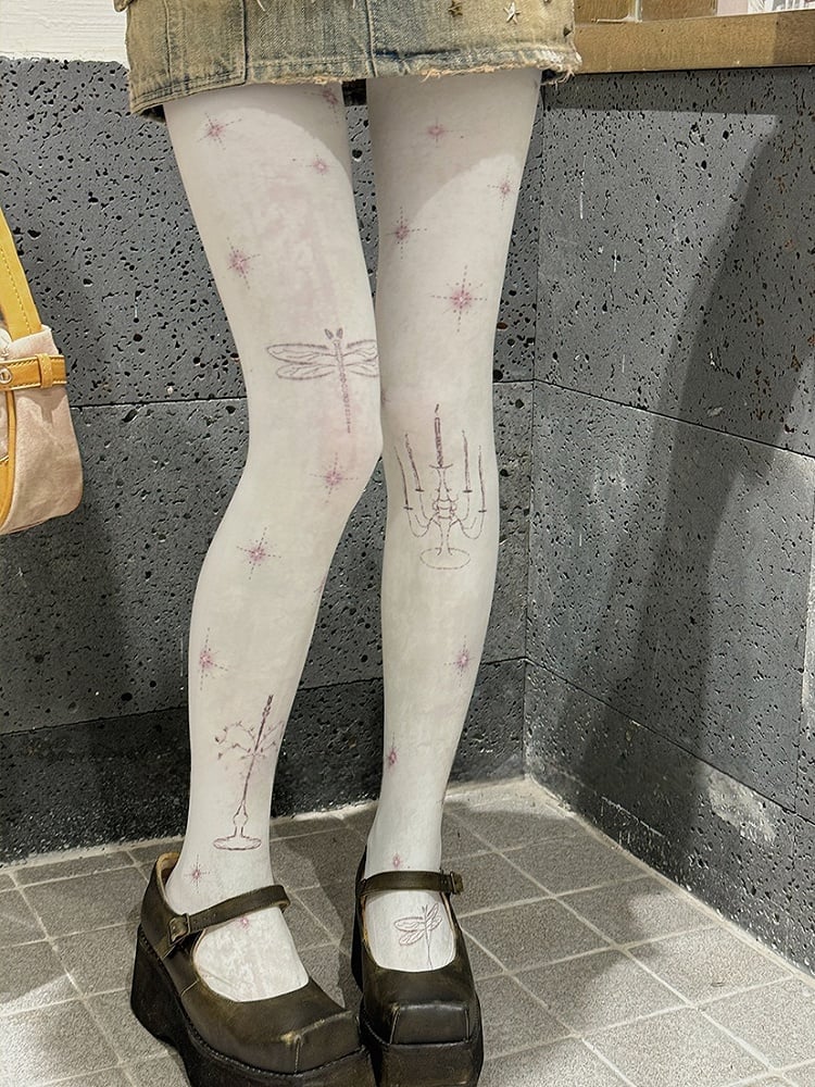White Lolita Dragonfly Print Tights