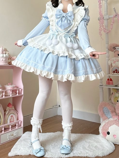 Bunny Ears Sailor Collar Blue Short Sleeves Maid Lolita Dress with White Apron