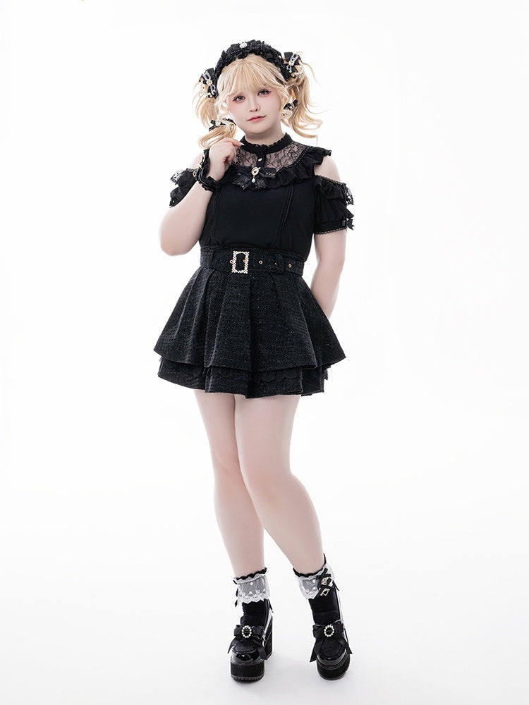 Jirai Kei Black Illusion Neckline Cutout Shoulder Short Sleeve Blouse with Free Bowtie