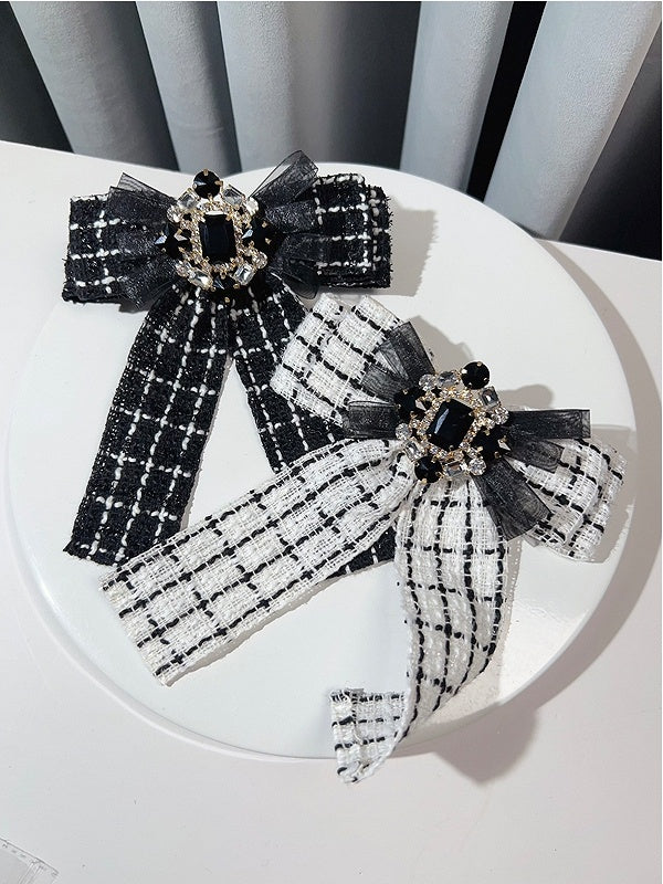 Black/White Rhinestone Decorated Plaid Pattern Bow Tie