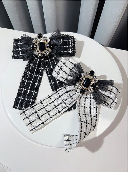 Black/White Rhinestone Decorated Plaid Pattern Bow Tie