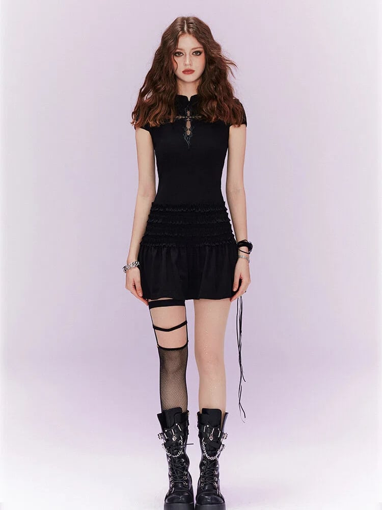 Black / White Cheongsam Dress with Organza Applique Cross Embroidery