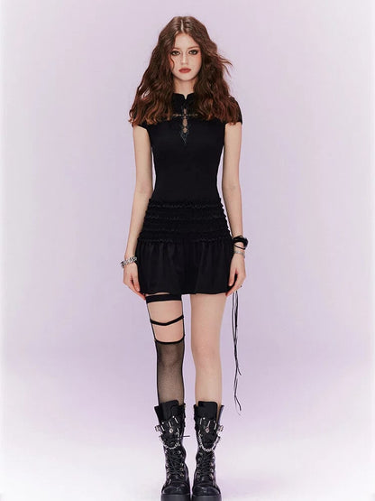 Black / White Cheongsam Dress with Organza Applique Cross Embroidery