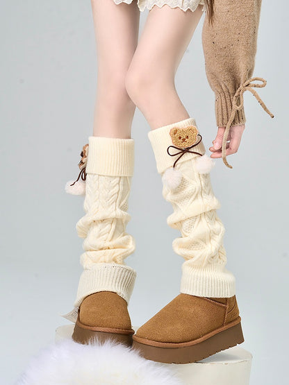 Apricot Bear Bowknot Leg Warmers With Pompons