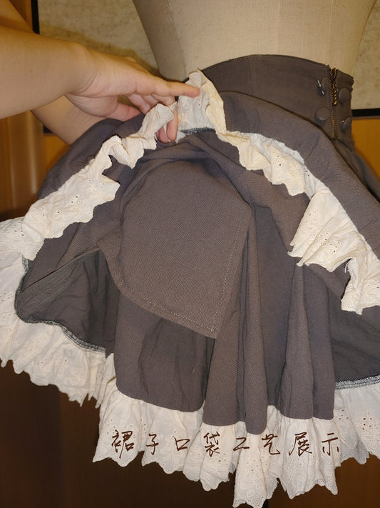 Dark Gray Lolita Skirt with Beige Scalloped Eyelet Hem and Side Pocket