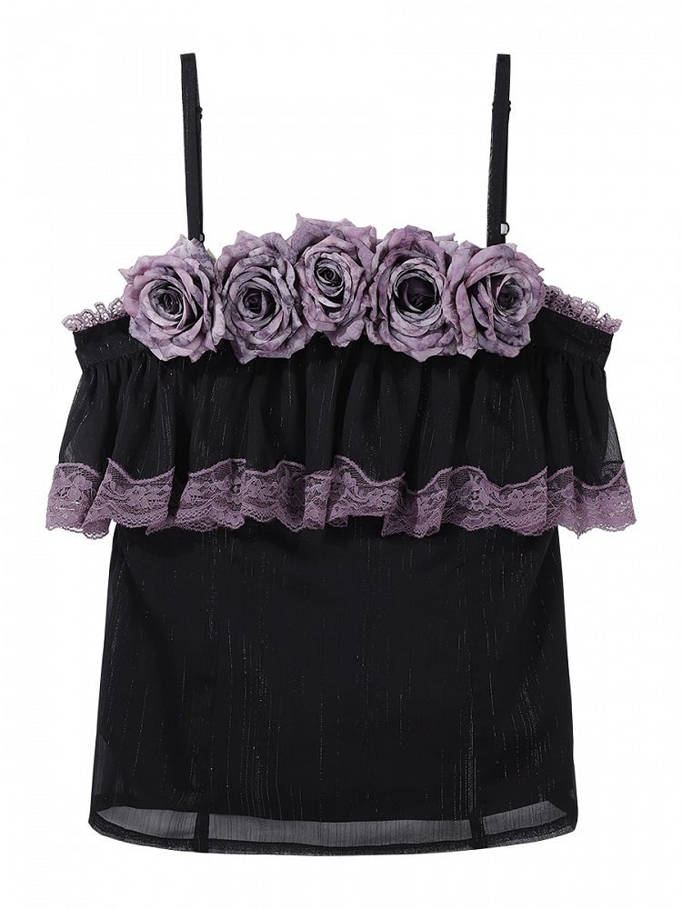 Black & Purple Ruffled Elegant Classic Lolita Top + Floral Print Skirt with Lace Trim Set