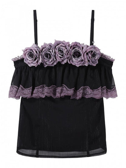 Black & Purple Ruffled Elegant Classic Lolita Top + Floral Print Skirt with Lace Trim Set