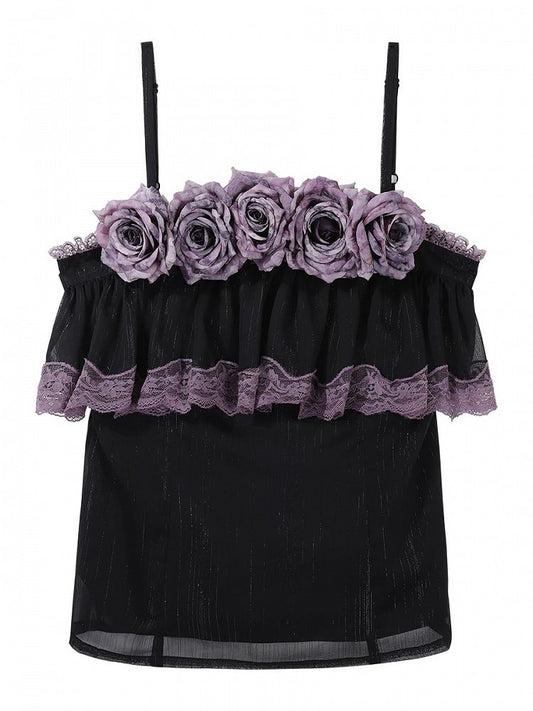 Black Ruffled Elegant Classic Lolita Cami Top with Purple Flowers Accents