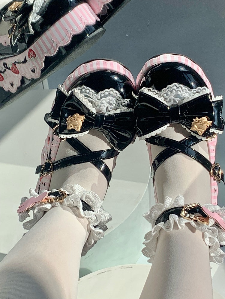 Berry-themed Details, Striped Scalloped Edging & Delicate Bow PU Black Platform Shoes in Sweet Lolita