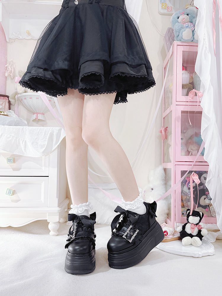 Black Bow Accents Beaded Buckle Design Jirai Kei Platforms Shoes