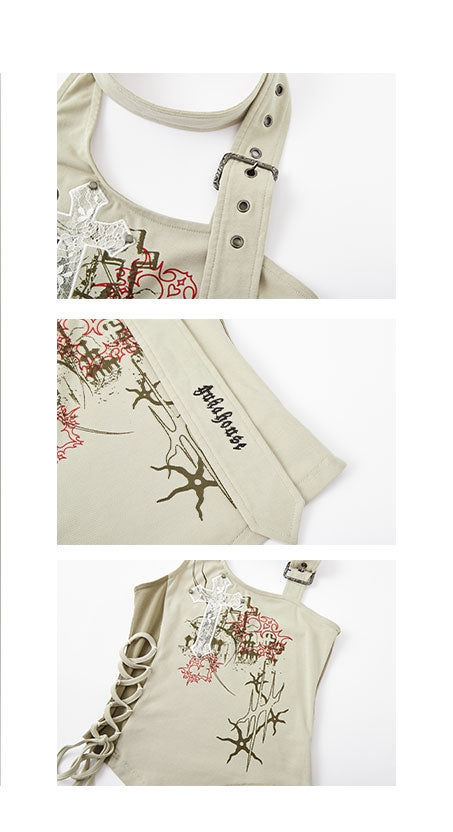 Cross Applique Apricot Halter Neck Top Lace-up Detail