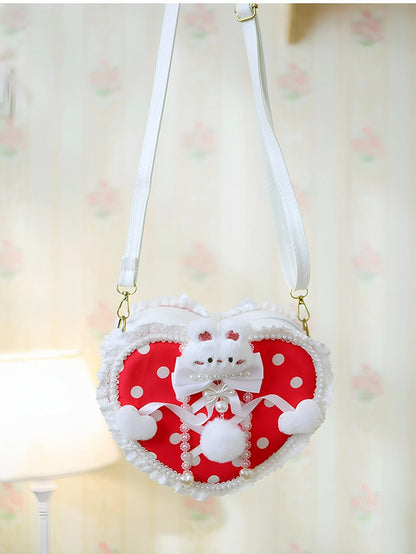 Red Polka-dot Pattern Beaded Decorated Plush Bunny Design Heart-shaped Crossbody Bag With Pompon