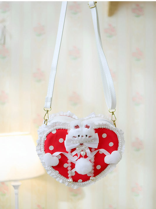 Red Polka-dot Pattern Beaded Decorated Plush Bunny Design Heart-shaped Crossbody Bag With Pompon