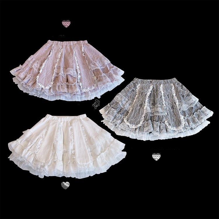 Bunny Ears Design Black/White/Pink Double-Layered Jirai Kei Lace Skirt
