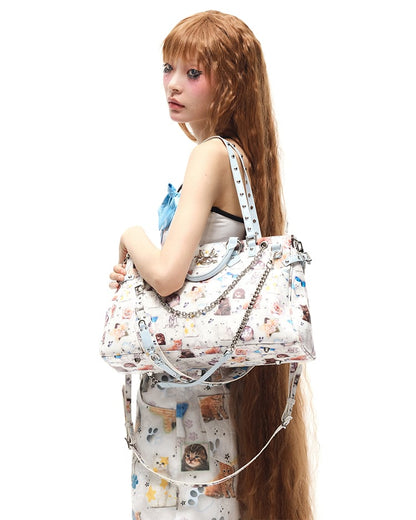 Allover Kitty Print White PU Crossbody Tote Bag Multiple Shoulder Straps