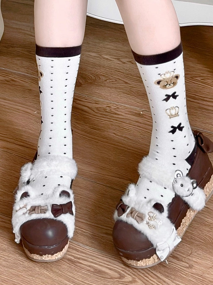 Black Bear and Crown Print Polka-dot Pattern Lolita Calf Socks