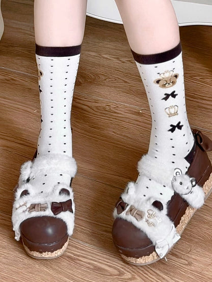 Black Bear and Crown Print Polka-dot Pattern Lolita Calf Socks