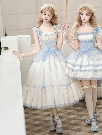 Beige and Light Blue Slim Fit Waist Versatile Neckline Lolita JSK Full Set