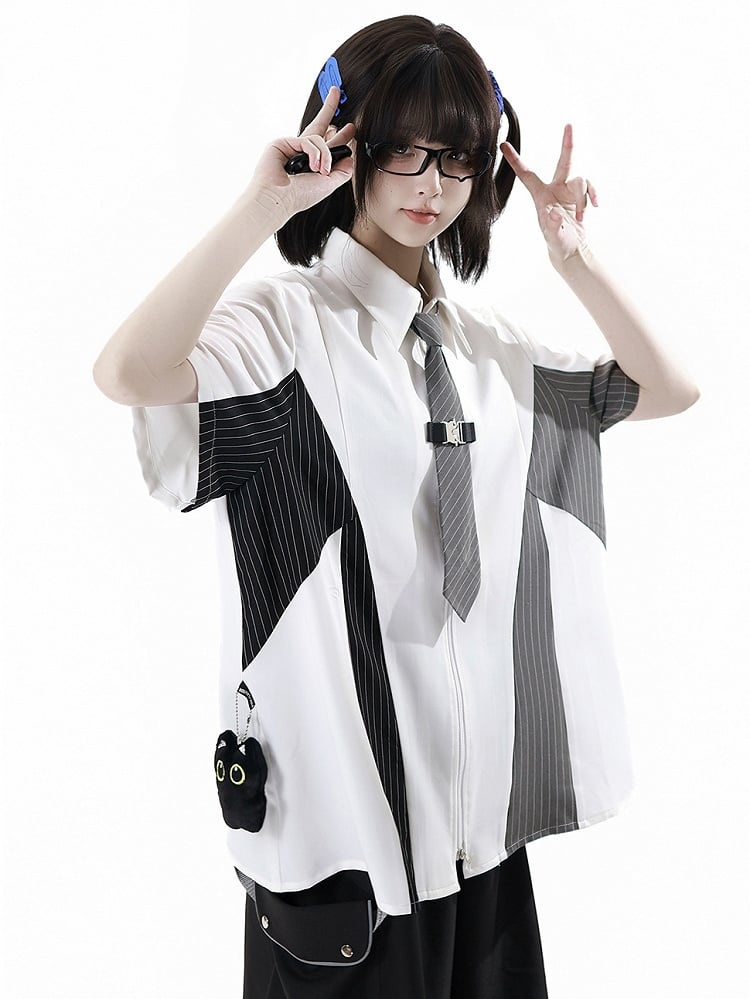 Black and Gray Striped Colorblock Design Techwear Zip-up Shirt with Free Kitty Plushie