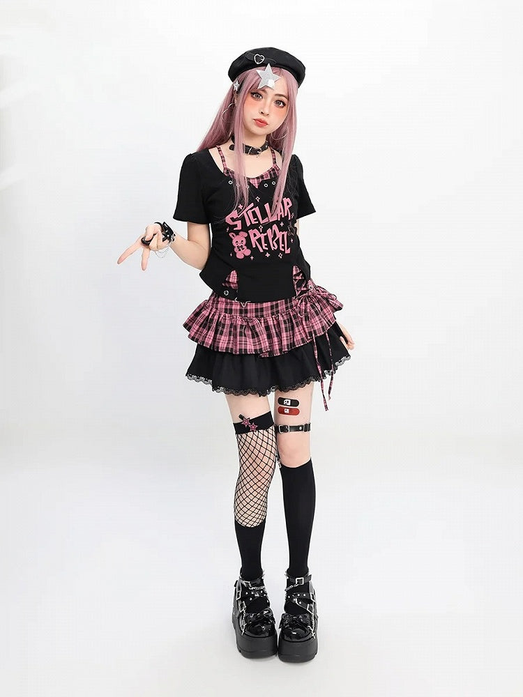 Y2K Black & Pink/Black & White Plaid Star Buckle Tiered Skirt with Lace-up Detail