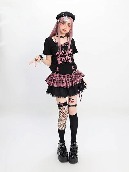 Y2K Black & Pink/Black & White Plaid Star Buckle Tiered Skirt with Lace-up Detail