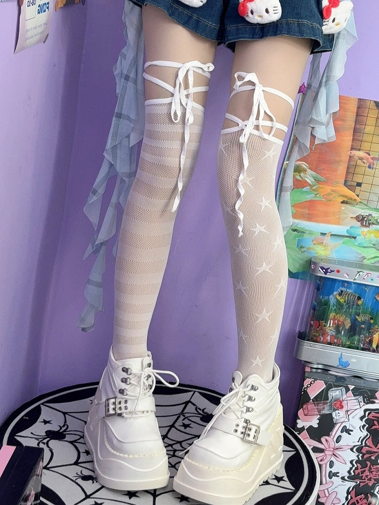 Black/White Y2K Asymmetrical Design Star And Striped Pattern Over-knee Stockings
