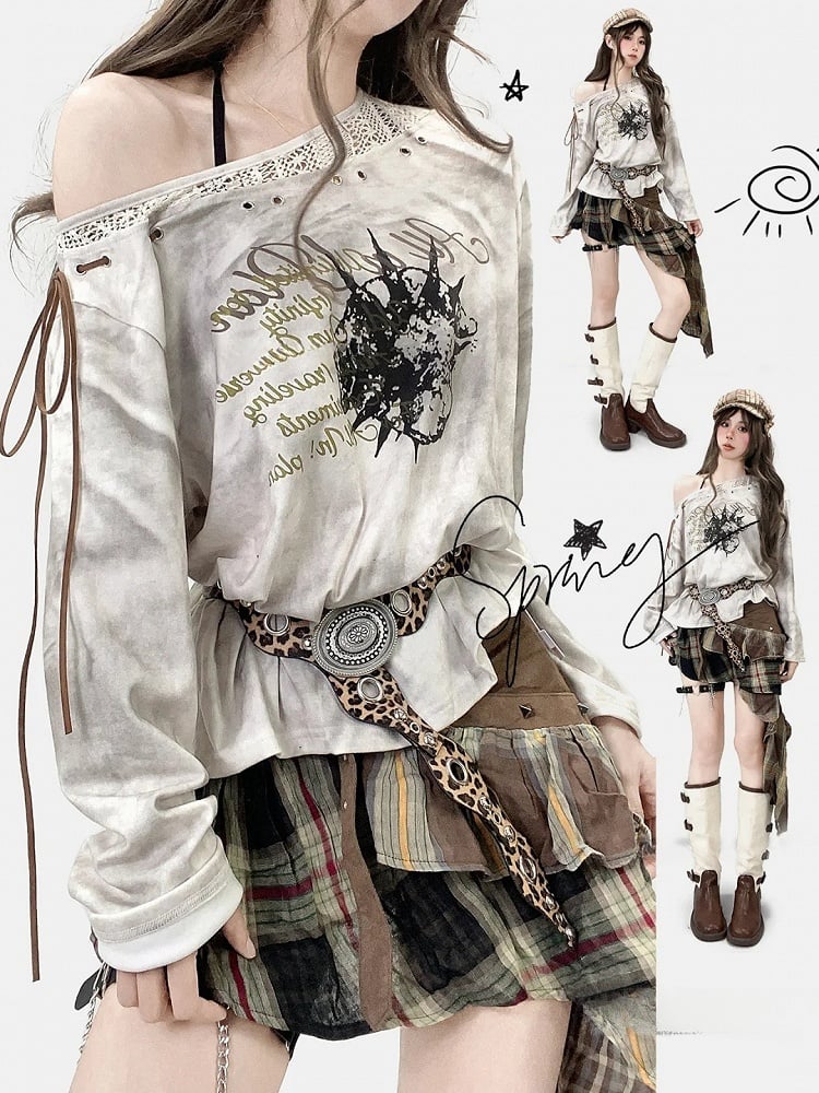 White Wasteland Punk Letter Print Self-tie Strap Tie Dye Design Sweatshirt