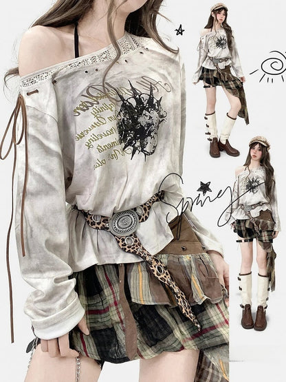 White Wasteland Punk Letter Print Self-tie Strap Tie Dye Design Sweatshirt