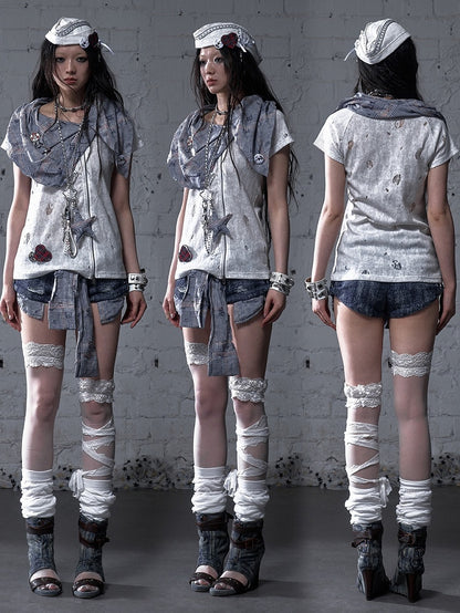 Blue and White Plaid Distressed Holes Navycore Zipper T-shirt Faux Two-pieces