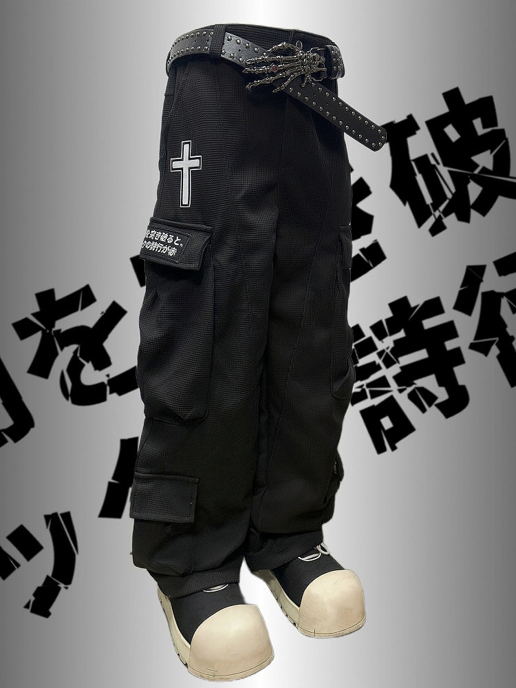 Black Punk Rock Cross And Letter Applique Cargo Pockets Decorated Wide-Leg Cargo Pants