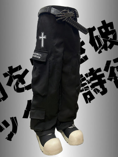 Black Punk Rock Cross And Letter Applique Cargo Pockets Decorated Wide-Leg Cargo Pants