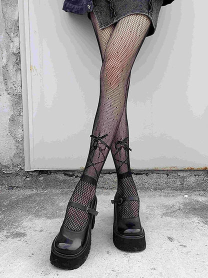 Bowknot Details Black/White Punk Fishnet Tights