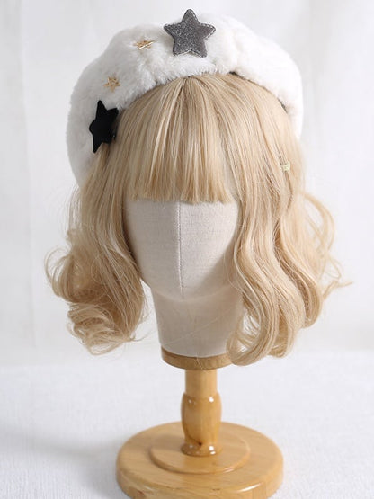 Cute Lolita White Plush Beret with Gray & Black Star Decorations