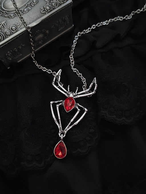 Red Rhinestones Gothic Punk Silver Spider Necklace