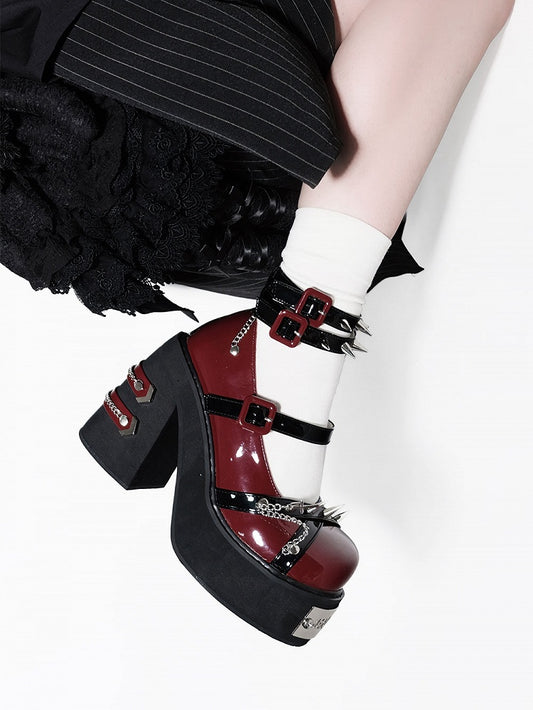 Studs and Chains Red and Black Gothic Punk Platform Block High Heels Ankle Straps