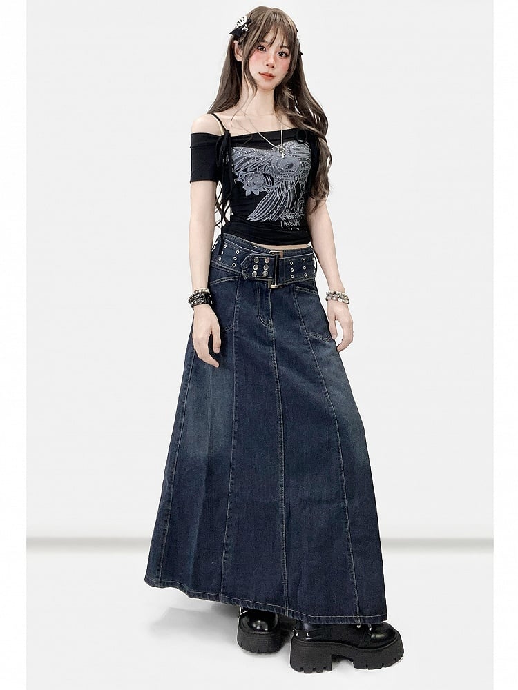 Black Y2K Rhinestone Decorated Floral Design Off-the-shoulder Neckline T-shirt