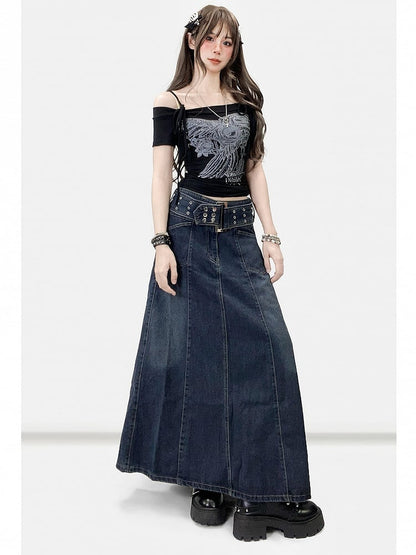 Black Y2K Rhinestone Decorated Floral Design Off-the-shoulder Neckline T-shirt