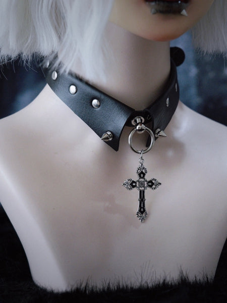 Cross Pendant Y2K Studs Black Gothic PU Choker