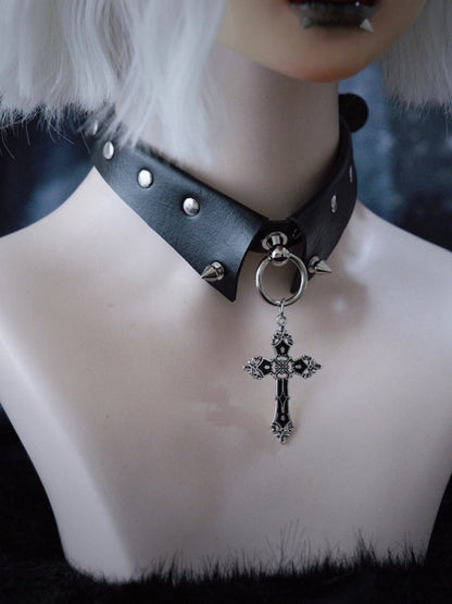 Cross Pendant Y2K Studs Black Gothic PU Choker