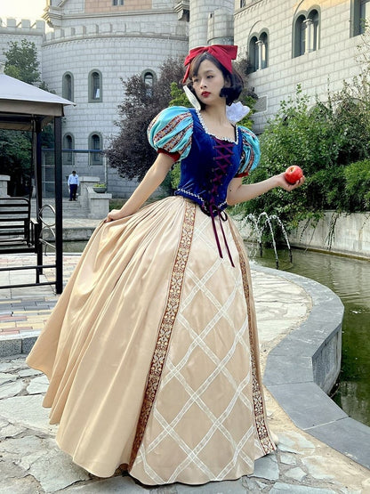 Snow White Full Set- Blue Boned Corset + Golden Skirt + Lace Collar + Red Bow Hairclip