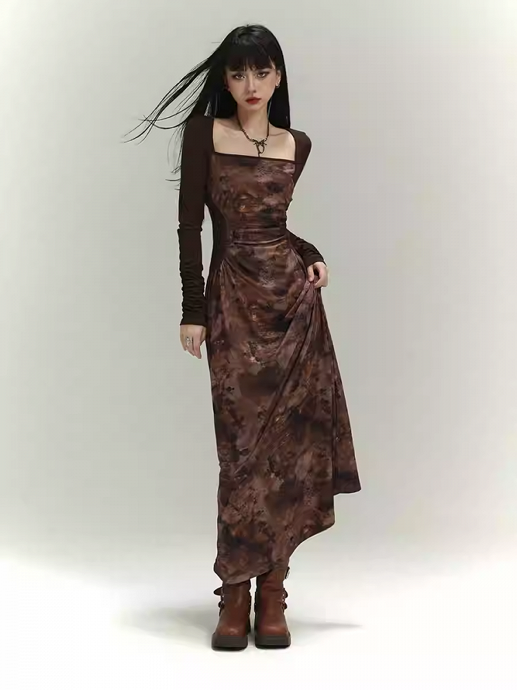 Millard Fashion Brown Square Neck Gathering Details Slim-fitting Dress