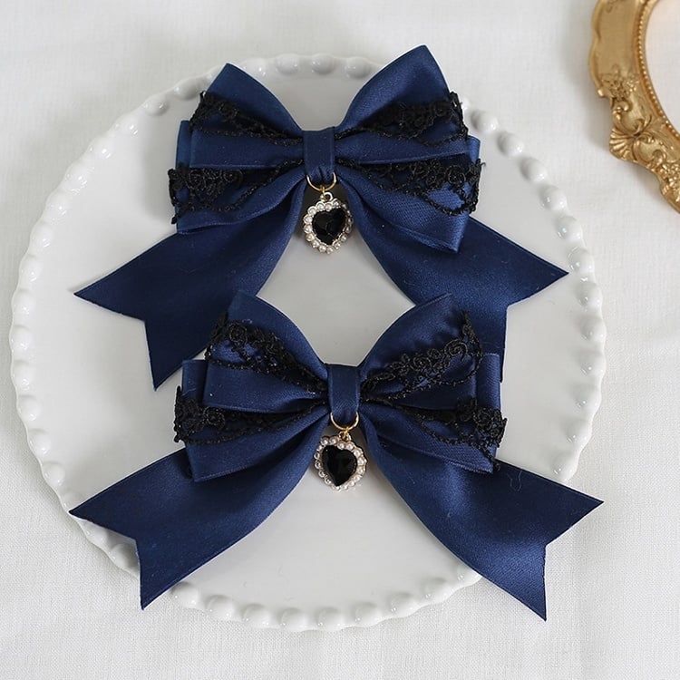 9 Colors A Pair of Bowknot Heart Charm Hairclips with Black Lace Decorations