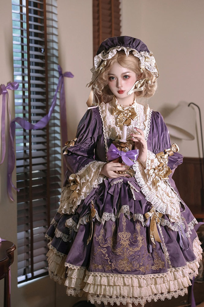 Candle and Candlestick Embroidery Purple Bell Sleeves Velvet Dress Lolita OP / Set