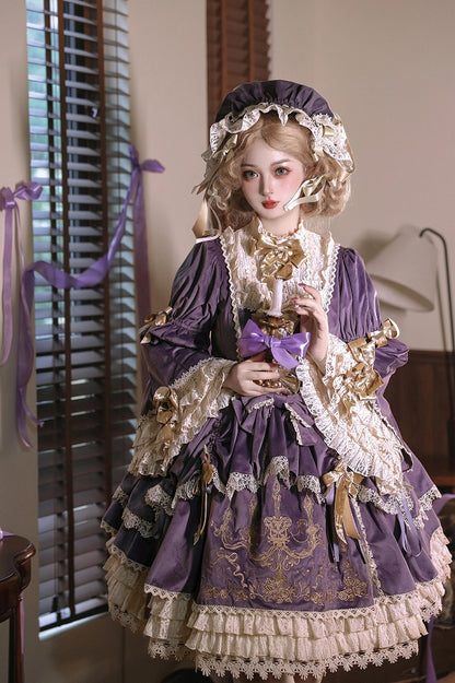 Candle and Candlestick Embroidery Purple Bell Sleeves Velvet Dress Lolita OP / Set