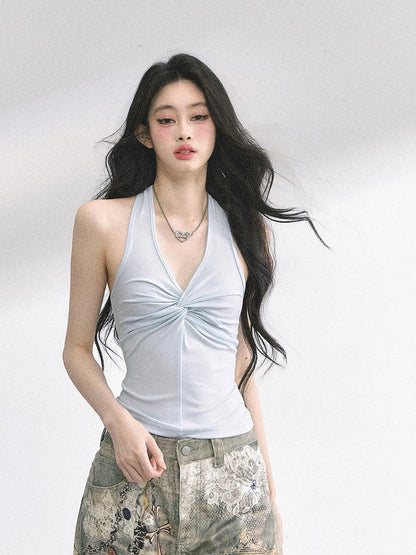 Twist Detail Neckline Lace Butterfly Applique White/Gray/Blue Backless Halter Top